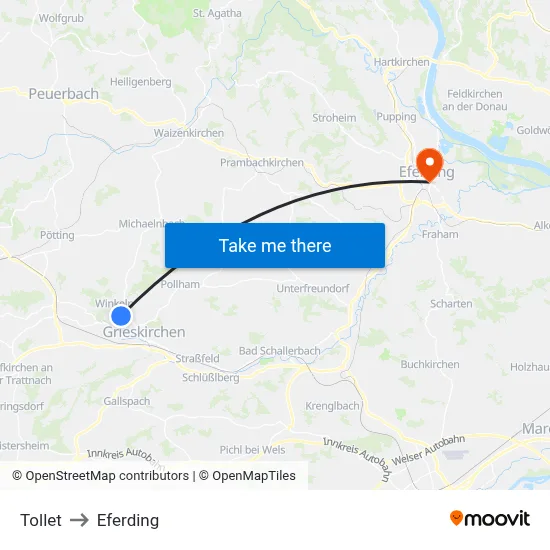 Tollet to Eferding map