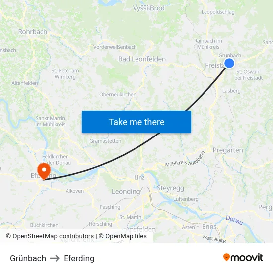 Grünbach to Eferding map