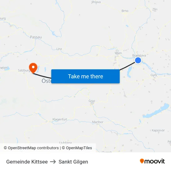 Gemeinde Kittsee to Sankt Gilgen map