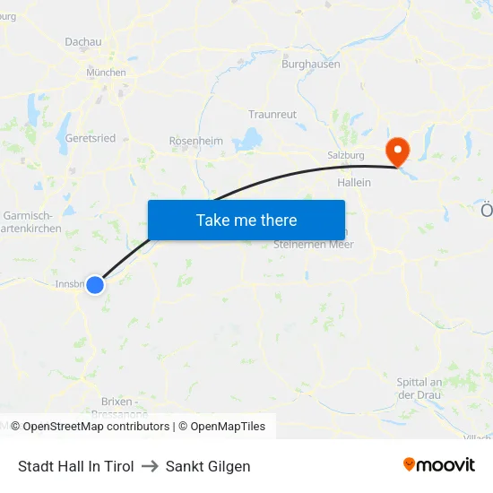 Stadt Hall In Tirol to Sankt Gilgen map