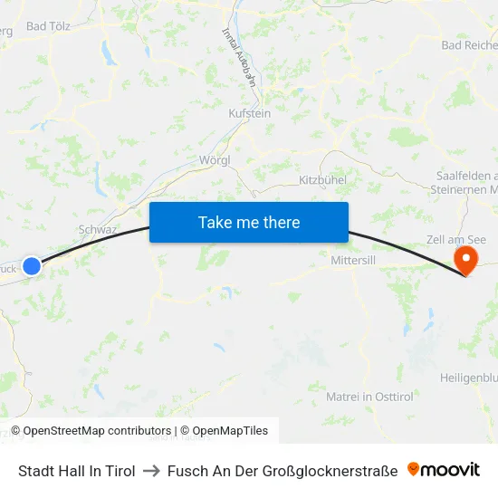Stadt Hall In Tirol to Fusch An Der Großglocknerstraße map
