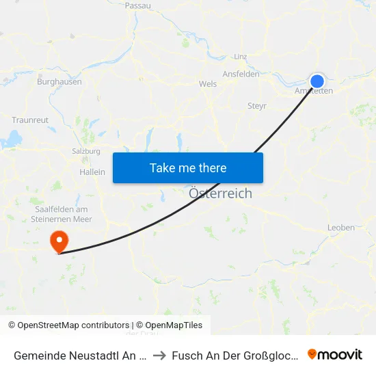 Gemeinde Neustadtl An Der Donau to Fusch An Der Großglocknerstraße map
