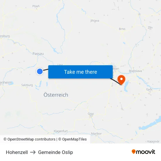 Hohenzell to Gemeinde Oslip map