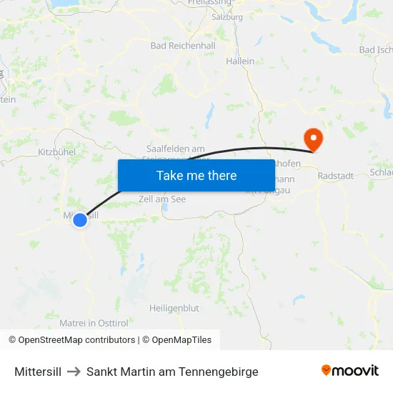 Mittersill to Sankt Martin am Tennengebirge map
