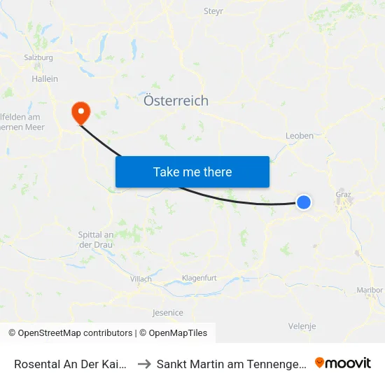 Rosental An Der Kainach to Sankt Martin am Tennengebirge map