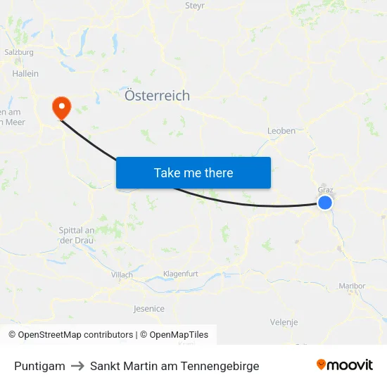 Puntigam to Sankt Martin am Tennengebirge map