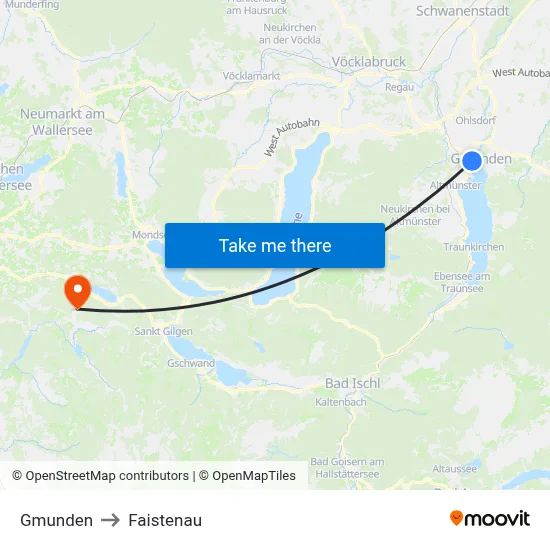 Gmunden to Faistenau map