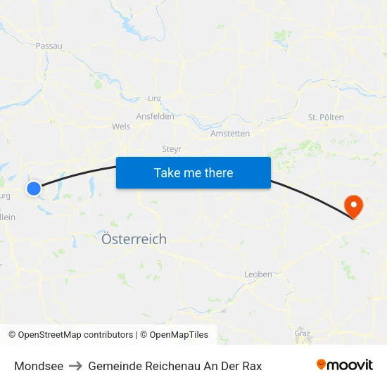 Mondsee to Gemeinde Reichenau An Der Rax map