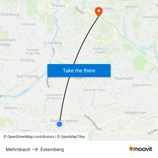 Mehrnbach to Esternberg map