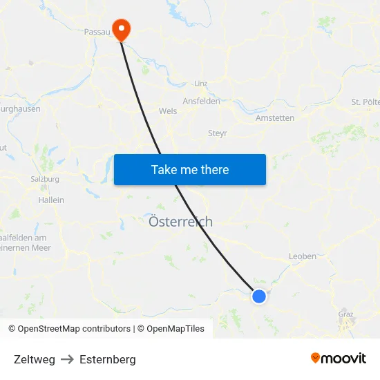 Zeltweg to Esternberg map