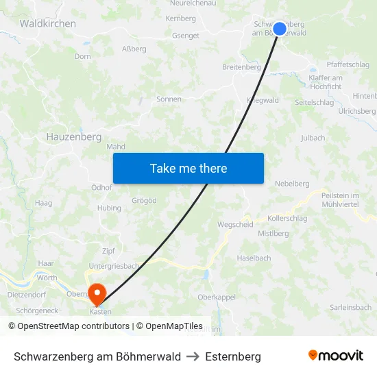 Schwarzenberg am Böhmerwald to Esternberg map