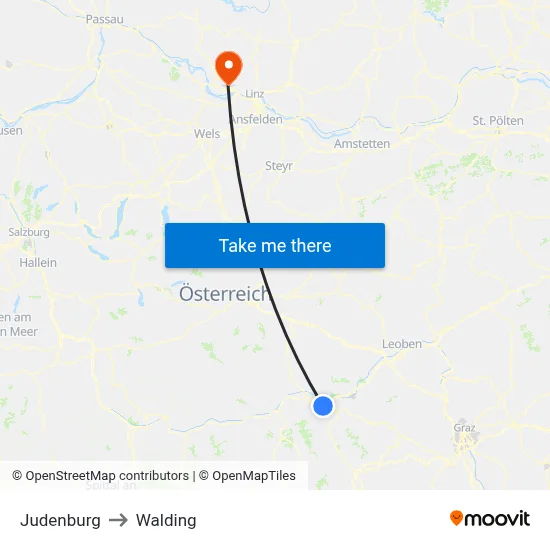 Judenburg to Walding map