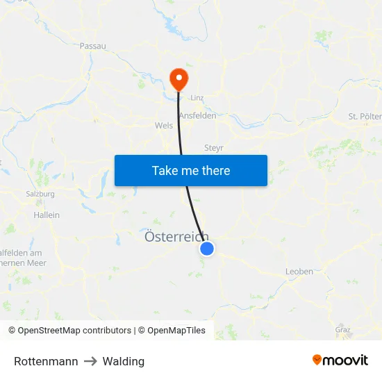 Rottenmann to Walding map