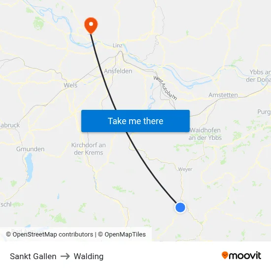 Sankt Gallen to Walding map