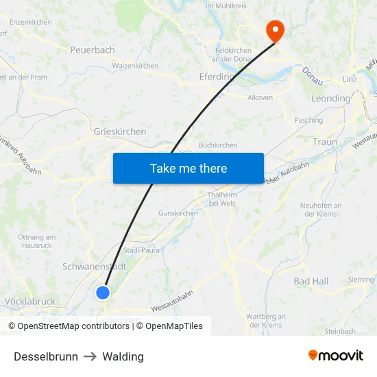 Desselbrunn to Walding map