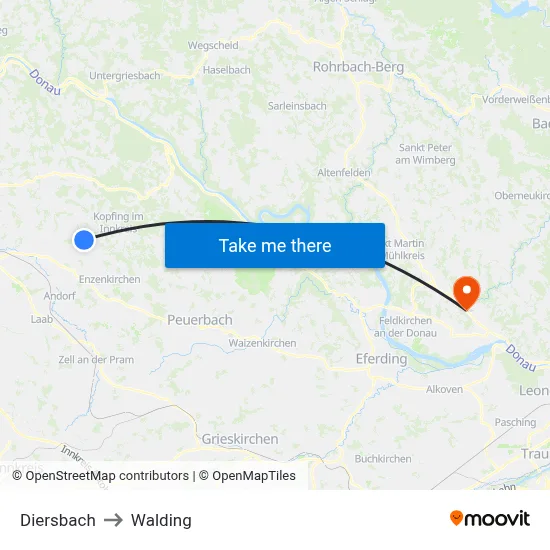 Diersbach to Walding map