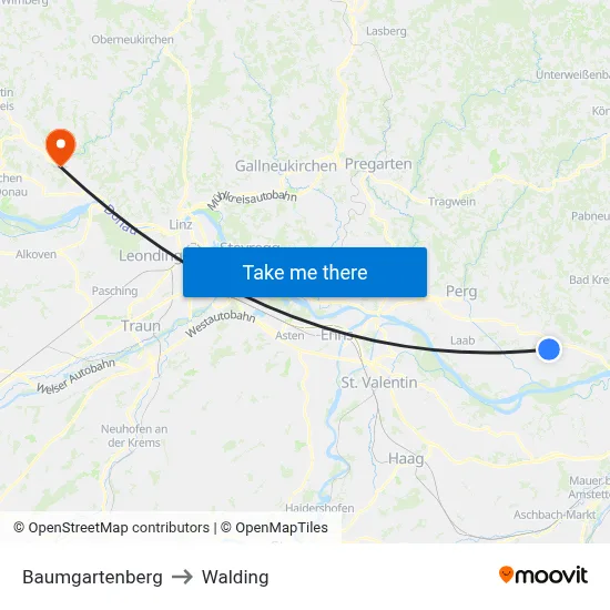 Baumgartenberg to Walding map