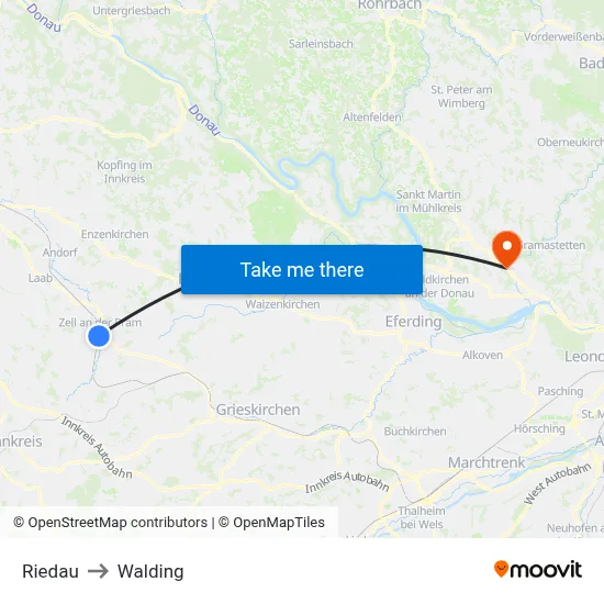 Riedau to Walding map