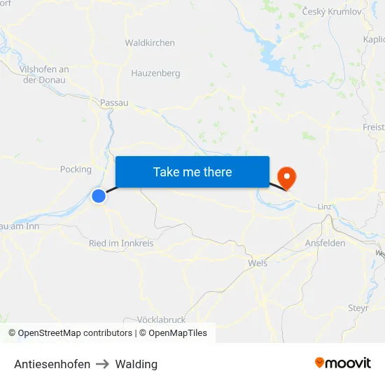 Antiesenhofen to Walding map