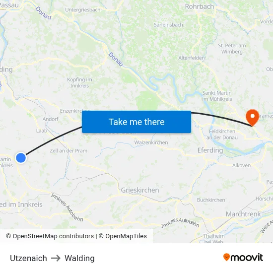 Utzenaich to Walding map