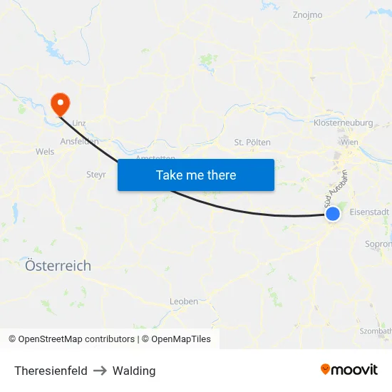 Theresienfeld to Walding map