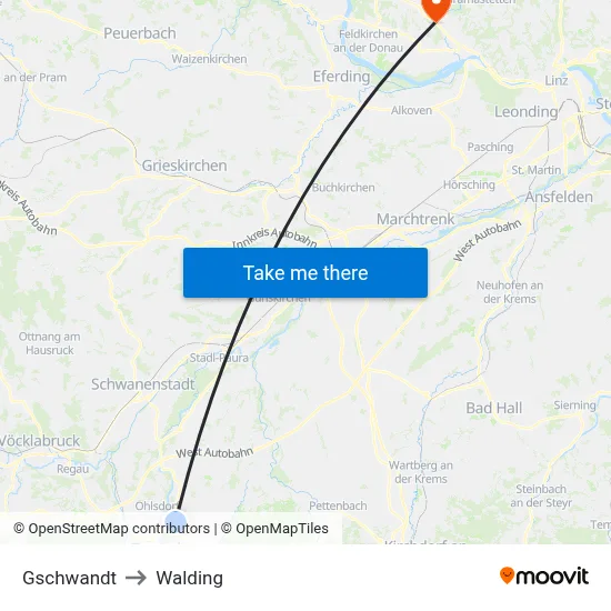 Gschwandt to Walding map