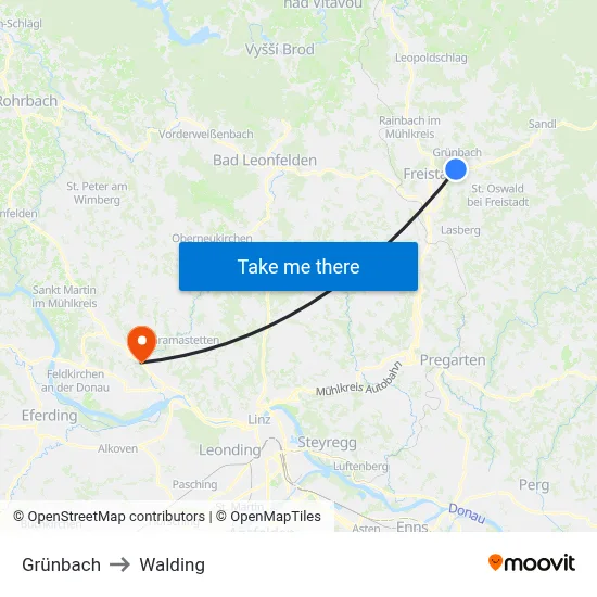 Grünbach to Walding map