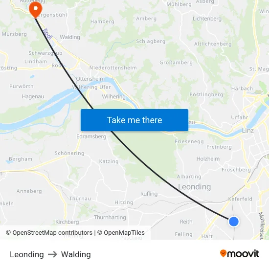 Leonding to Walding map