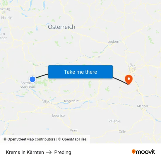 Krems In Kärnten to Preding map