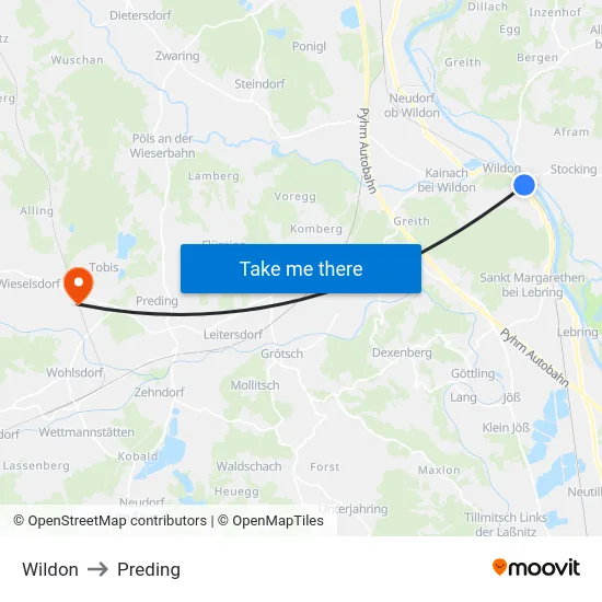 Wildon to Preding map