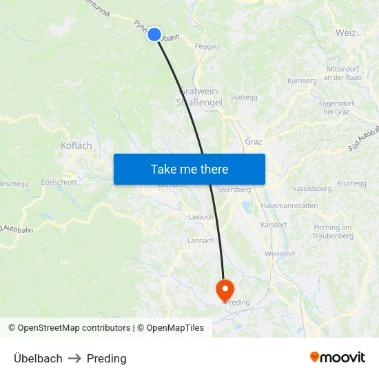Übelbach to Preding map