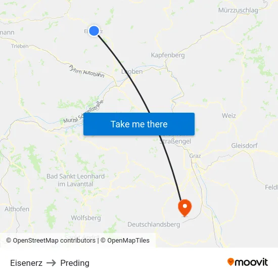 Eisenerz to Preding map