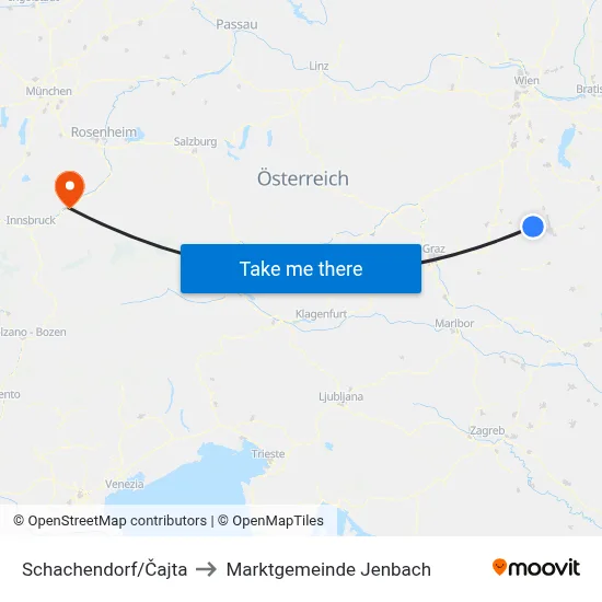 Schachendorf/Čajta to Marktgemeinde Jenbach map