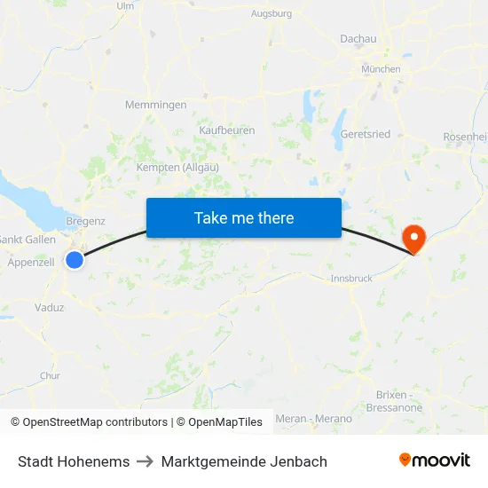 Stadt Hohenems to Marktgemeinde Jenbach map