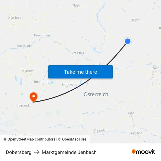 Dobersberg to Marktgemeinde Jenbach map