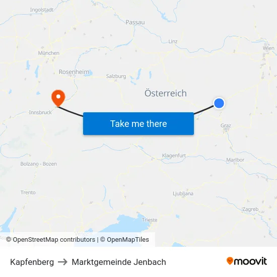 Kapfenberg to Marktgemeinde Jenbach map