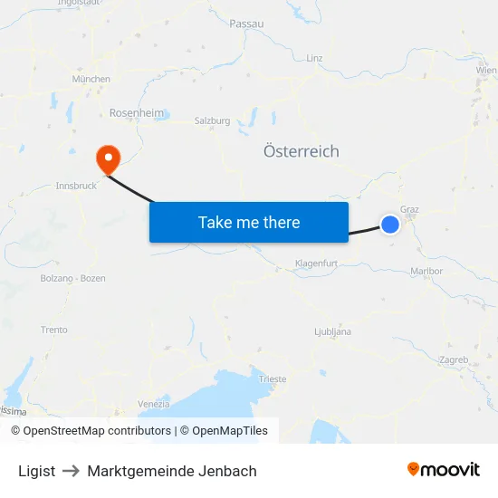 Ligist to Marktgemeinde Jenbach map