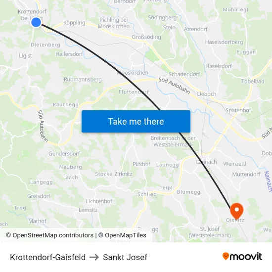 Krottendorf-Gaisfeld to Sankt Josef map