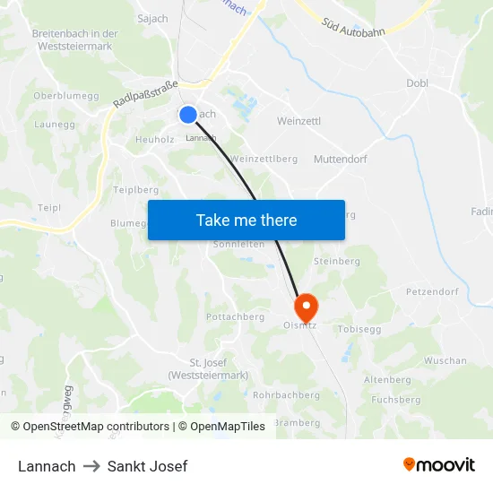 Lannach to Sankt Josef map