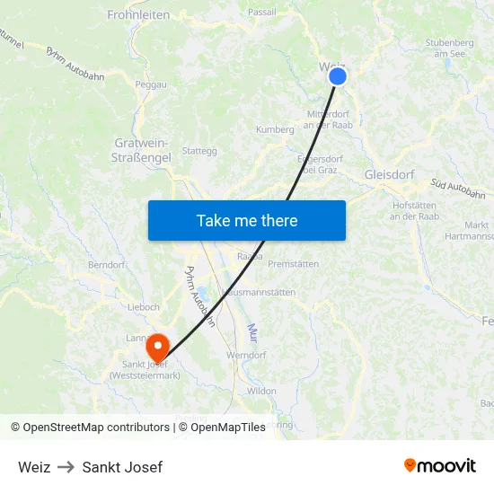 Weiz to Sankt Josef map