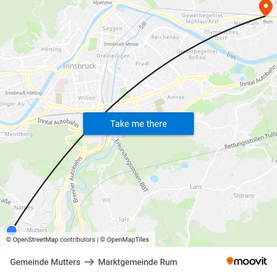 Gemeinde Mutters to Marktgemeinde Rum map