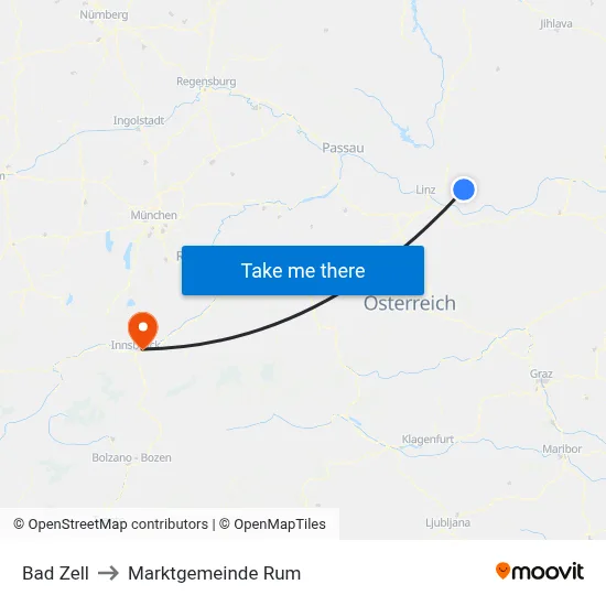 Bad Zell to Marktgemeinde Rum map