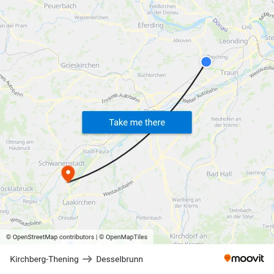 Kirchberg-Thening to Desselbrunn map