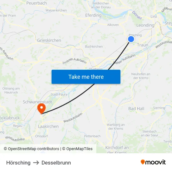 Hörsching to Desselbrunn map
