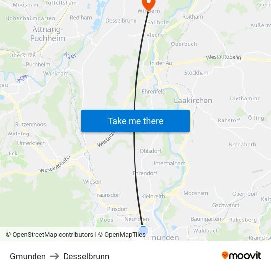 Gmunden to Desselbrunn map