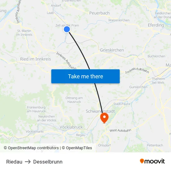 Riedau to Desselbrunn map