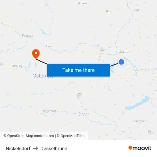 Nickelsdorf to Desselbrunn map