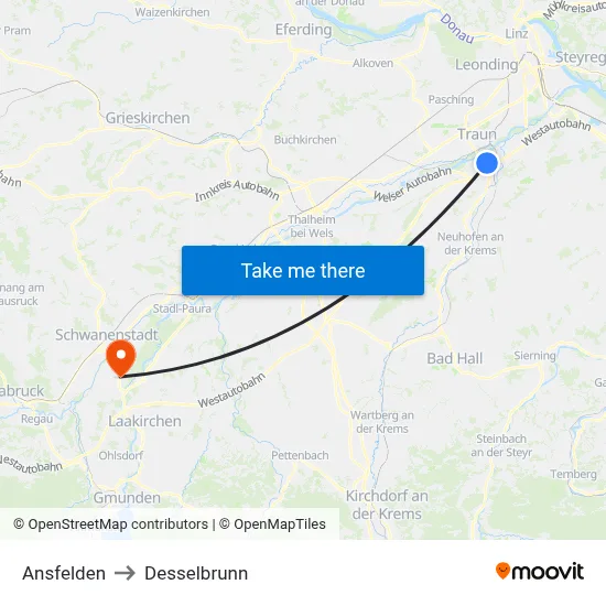 Ansfelden to Desselbrunn map
