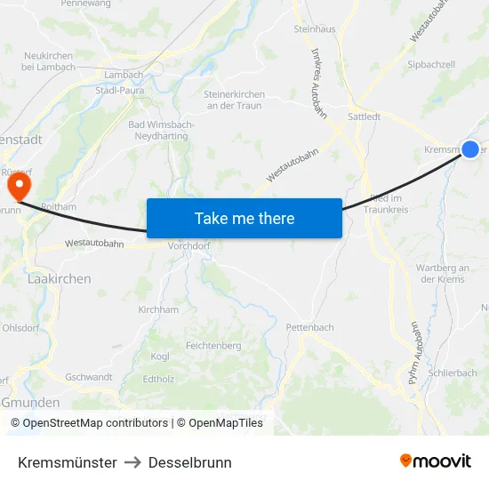 Kremsmünster to Desselbrunn map