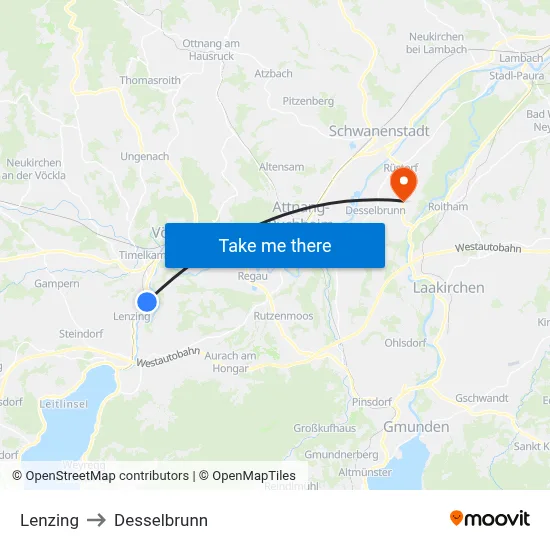 Lenzing to Desselbrunn map